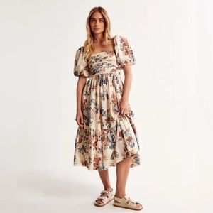NWT Abercrombie Emerson Poplin Puff Sleeve Midi Dress Cream Floral - L